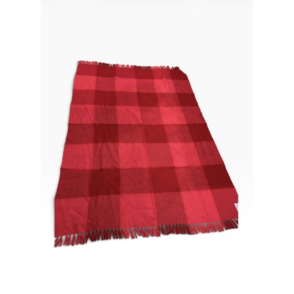 The Three Weavers Handwoven 100% Wool Throw Blanket Burgundy Red Fringe 66x48